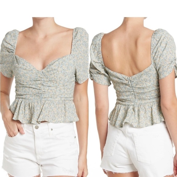 ASTR THELABEL BLUE DITSY PUFF SLEEVE SWEETHEART FLORAL NECKLINE LARGE TOP NEW - Picture 1 of 1